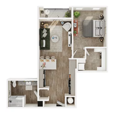 Rendering of the A9 floor plan with 1 bedroom[s] and 1 bathroom[s] at Mirra