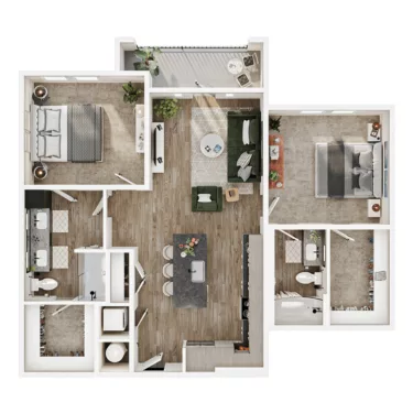Rendering of the B5 floor plan with 2 bedroom[s] and 2 bathroom[s] at Mirra