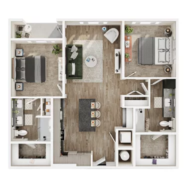 Rendering of the B3 floor plan with 2 bedroom[s] and 2 bathroom[s] at Mirra