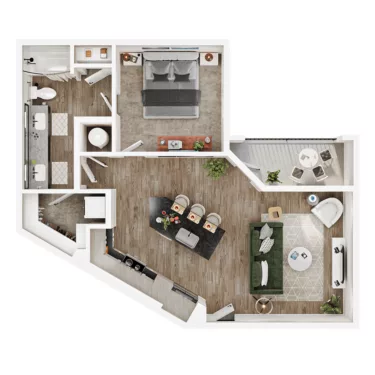 Rendering of the A10 floor plan with 1 bedroom[s] and 1 bathroom[s] at Mirra