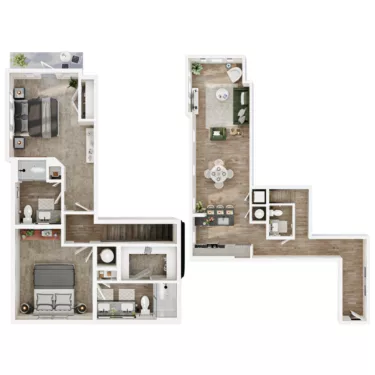 Rendering of the L5 floor plan with 2 bedroom[s] and 2 bathroom[s] at Mirra