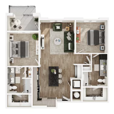 Rendering of the B2 floor plan with 2 bedroom[s] and 2 bathroom[s] at Mirra