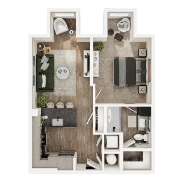 Rendering of the A3 floor plan with 1 bedroom[s] and 1 bathroom[s] at Mirra