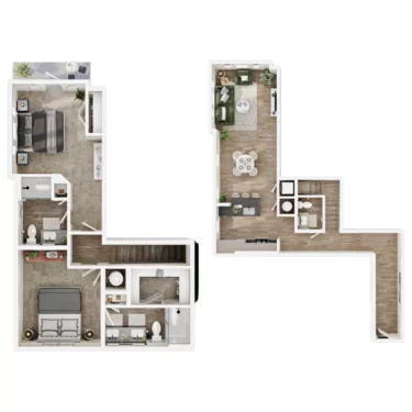 Rendering of the L3 floor plan with 2 bedroom[s] and 2 bathroom[s] at Mirra