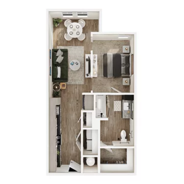 Rendering of the S2 floor plan with a Studio bedroom and 1 bathroom[s] at Mirra