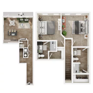 Rendering of the L2 floor plan with 2 bedroom[s] and 2 bathroom[s] at Mirra