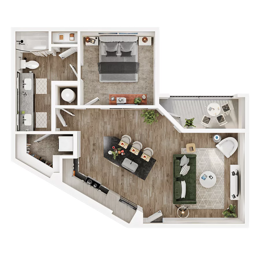 Rendering of the A10 floor plan with 1 bedroom[s] and 1 bathroom[s] at Mirra