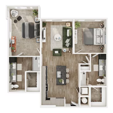 Rendering of the B6 floor plan with 2 bedroom[s] and 2 bathroom[s] at Mirra