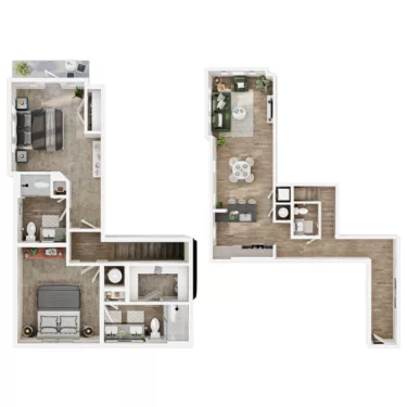 Rendering of the L4 floor plan with 2 bedroom[s] and 2 bathroom[s] at Mirra