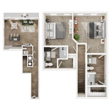Rendering of the L1 floor plan with 2 bedroom[s] and 2 bathroom[s] at Mirra