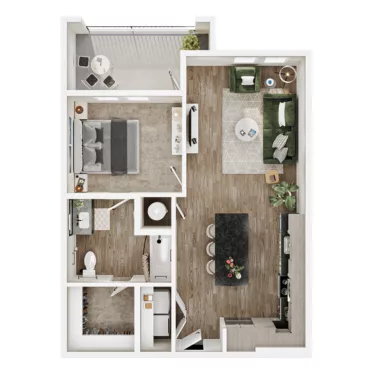 Rendering of the A7A floor plan with 1 bedroom[s] and 1 bathroom[s] at Mirra