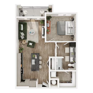 Rendering of the A7 floor plan with 1 bedroom[s] and 1 bathroom[s] at Mirra