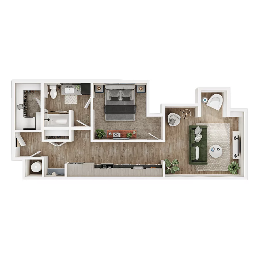 Rendering of the A13 floor plan with 1 bedroom[s] and 1 bathroom[s] at Mirra