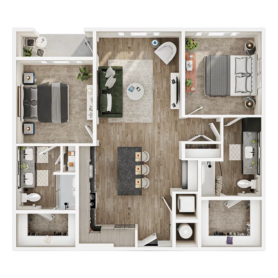 Rendering of the B3 floor plan with 2 bedroom[s] and 2 bathroom[s] at Mirra