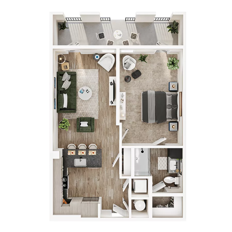 Rendering of the A8 floor plan with 1 bedroom[s] and 1 bathroom[s] at Mirra