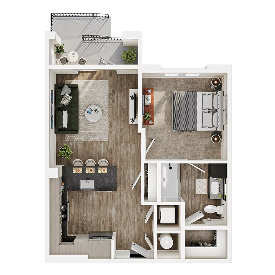 Rendering of the A2 floor plan with 1 bedroom[s] and 1 bathroom[s] at Mirra