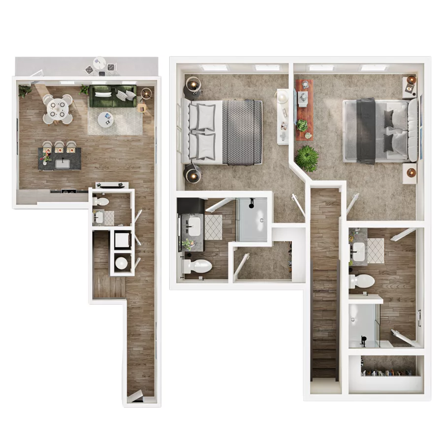 Rendering of the Loft 2 floor plan with 2 bedroom[s] and 2 bathroom[s] at Mirra
