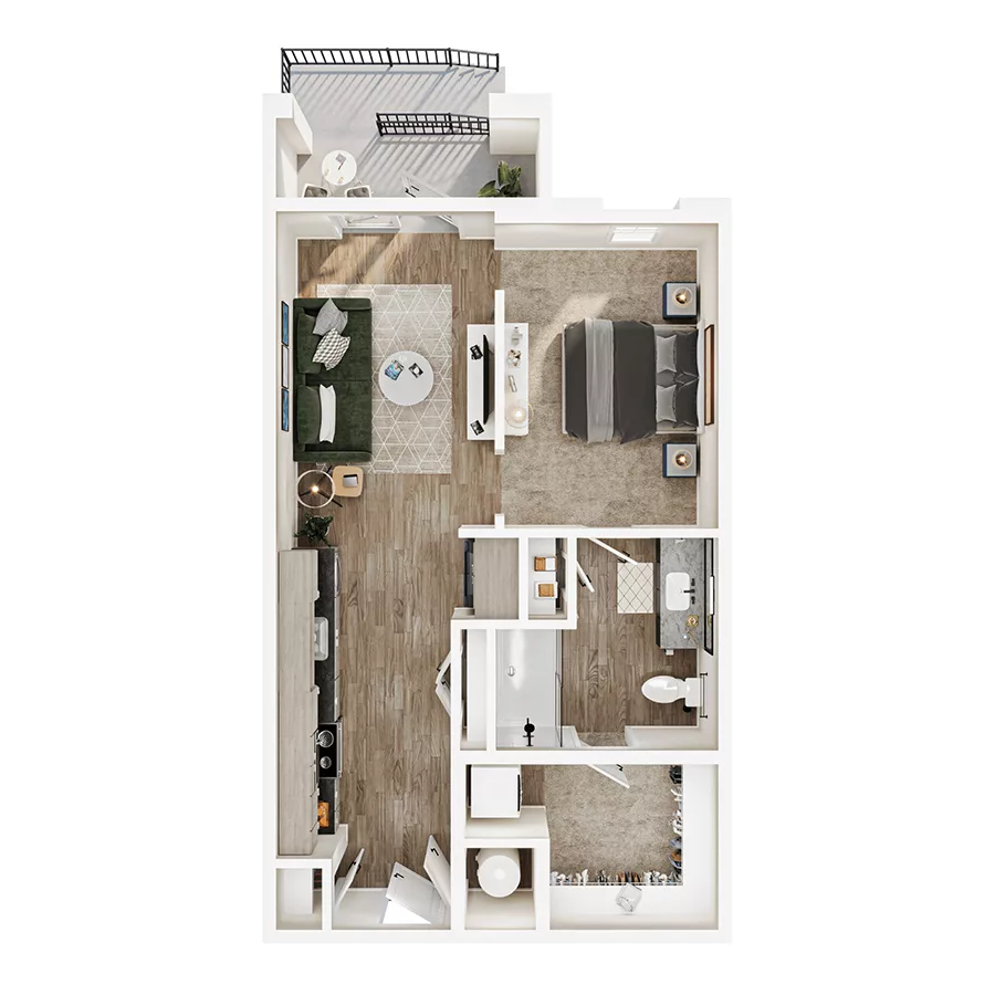 Rendering of the S1 floor plan with a Studio bedroom and 1 bathroom[s] at Mirra