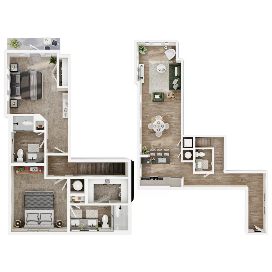 Rendering of the Loft 5 floor plan with 2 bedroom[s] and 2 bathroom[s] at Mirra