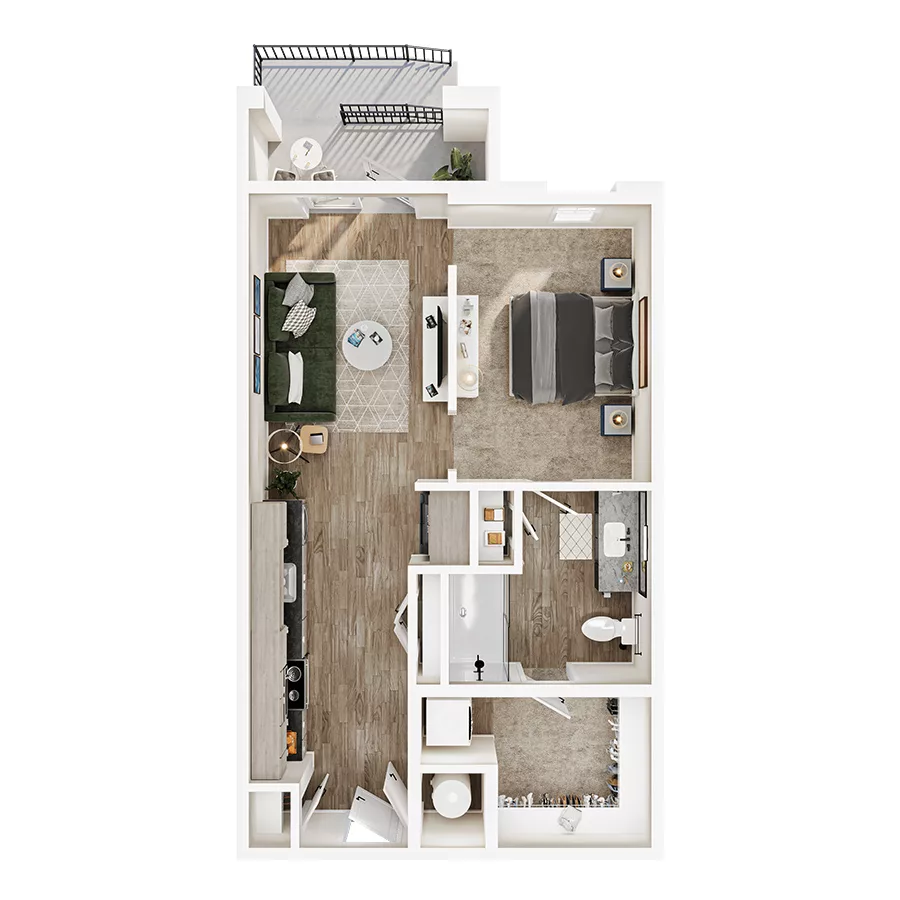 Rendering of the A1 floor plan with 1 bedroom[s] and 1 bathroom[s] at Mirra