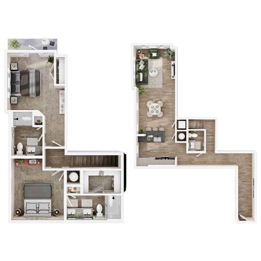 Rendering of the Loft 4 floor plan with 2 bedroom[s] and 2 bathroom[s] at Mirra