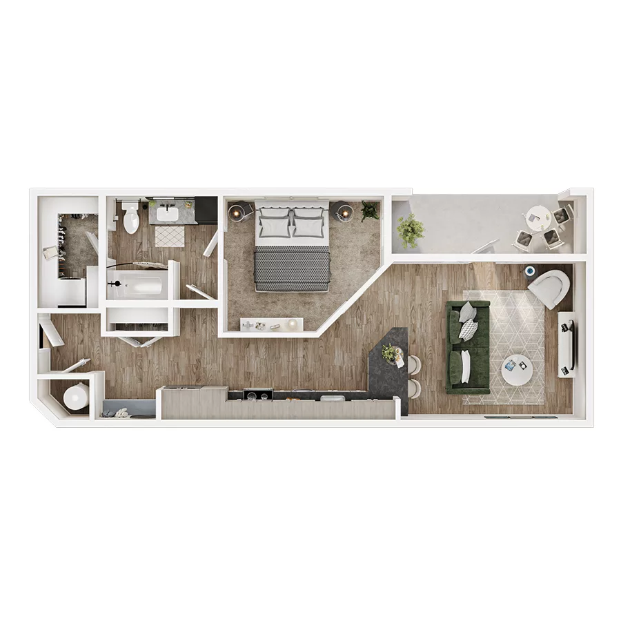 Rendering of the A12 floor plan with 1 bedroom[s] and 1 bathroom[s] at Mirra