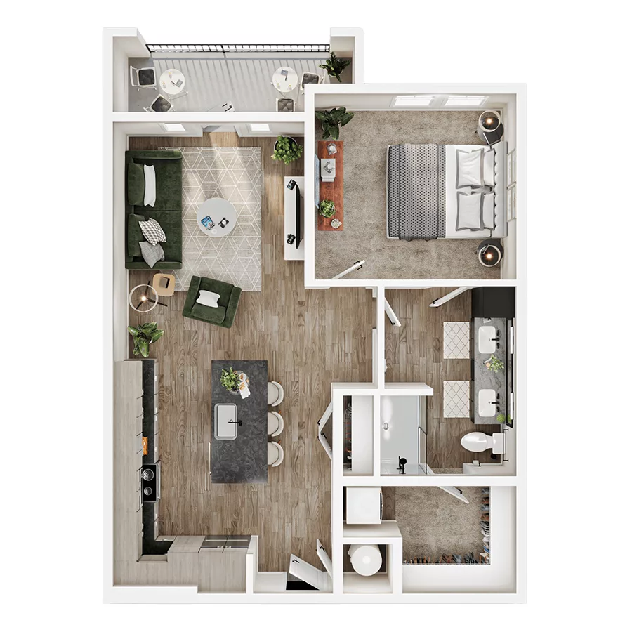 Rendering of the A7 floor plan with 1 bedroom[s] and 1 bathroom[s] at Mirra