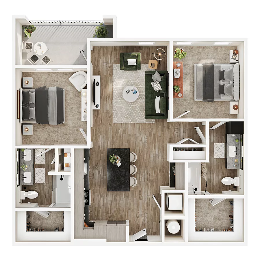 Rendering of the B4 floor plan with 2 bedroom[s] and 2 bathroom[s] at Mirra