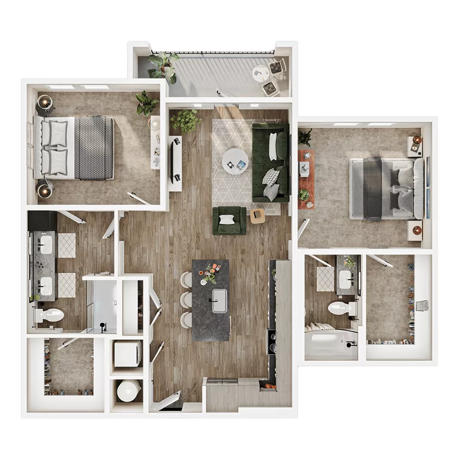 Rendering of the B5 floor plan with 2 bedroom[s] and 2 bathroom[s] at Mirra