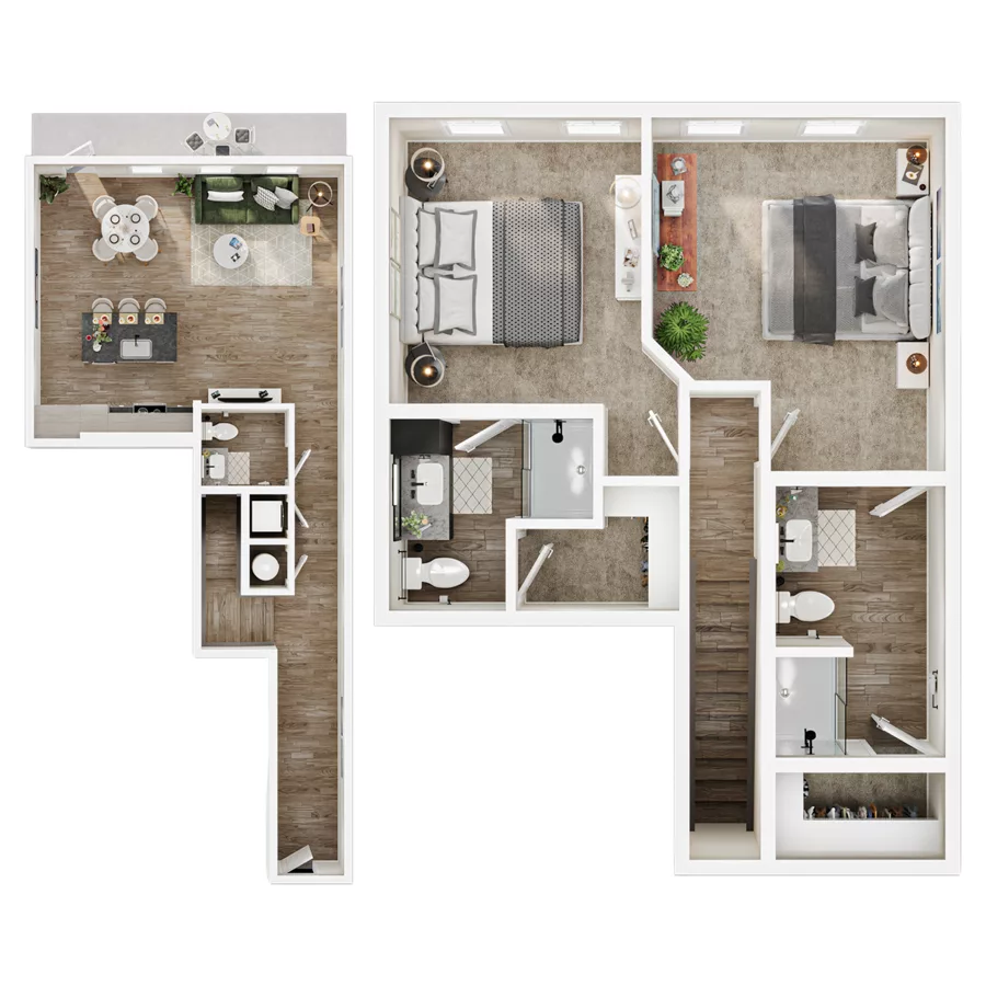 3D floor plan of upper-level loft with two bedrooms, two baths, and open living-kitchen.