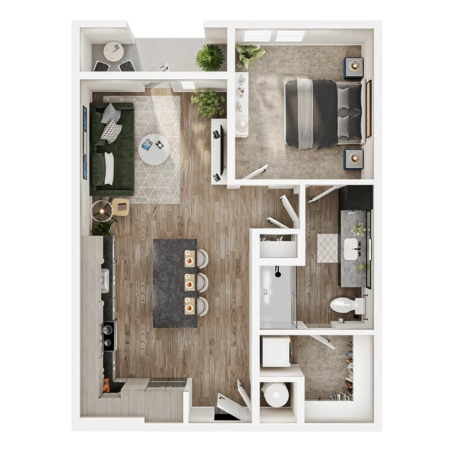 Rendering of the A6 floor plan with 1 bedroom[s] and 1 bathroom[s] at Mirra
