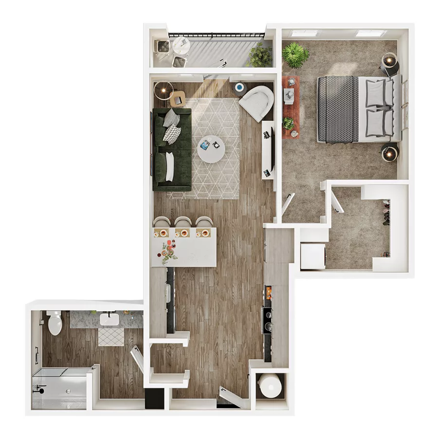 Rendering of the A9 floor plan with 1 bedroom[s] and 1 bathroom[s] at Mirra