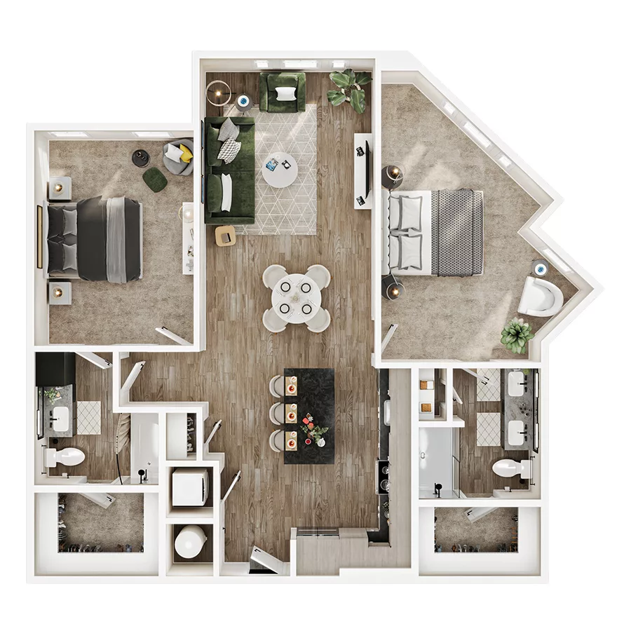 Rendering of the B8 floor plan with 2 bedroom[s] and 2 bathroom[s] at Mirra