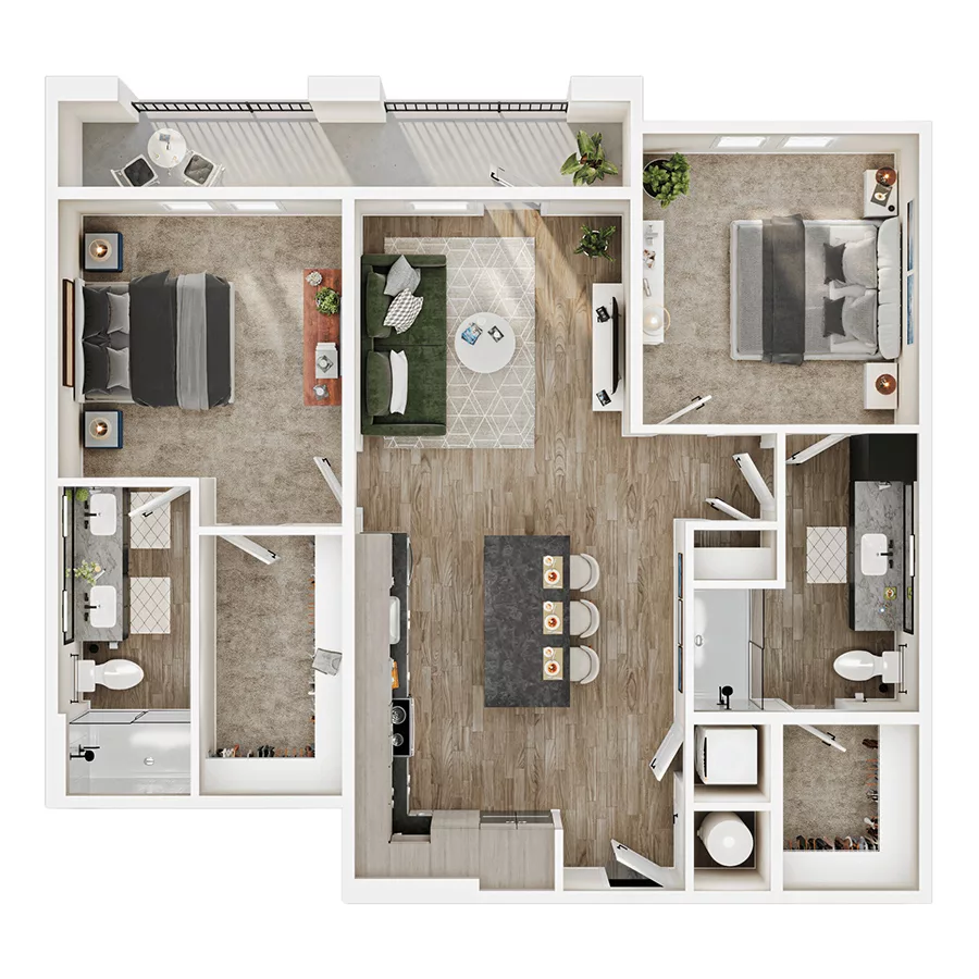 Rendering of the B1 floor plan with 2 bedroom[s] and 2 bathroom[s] at Mirra