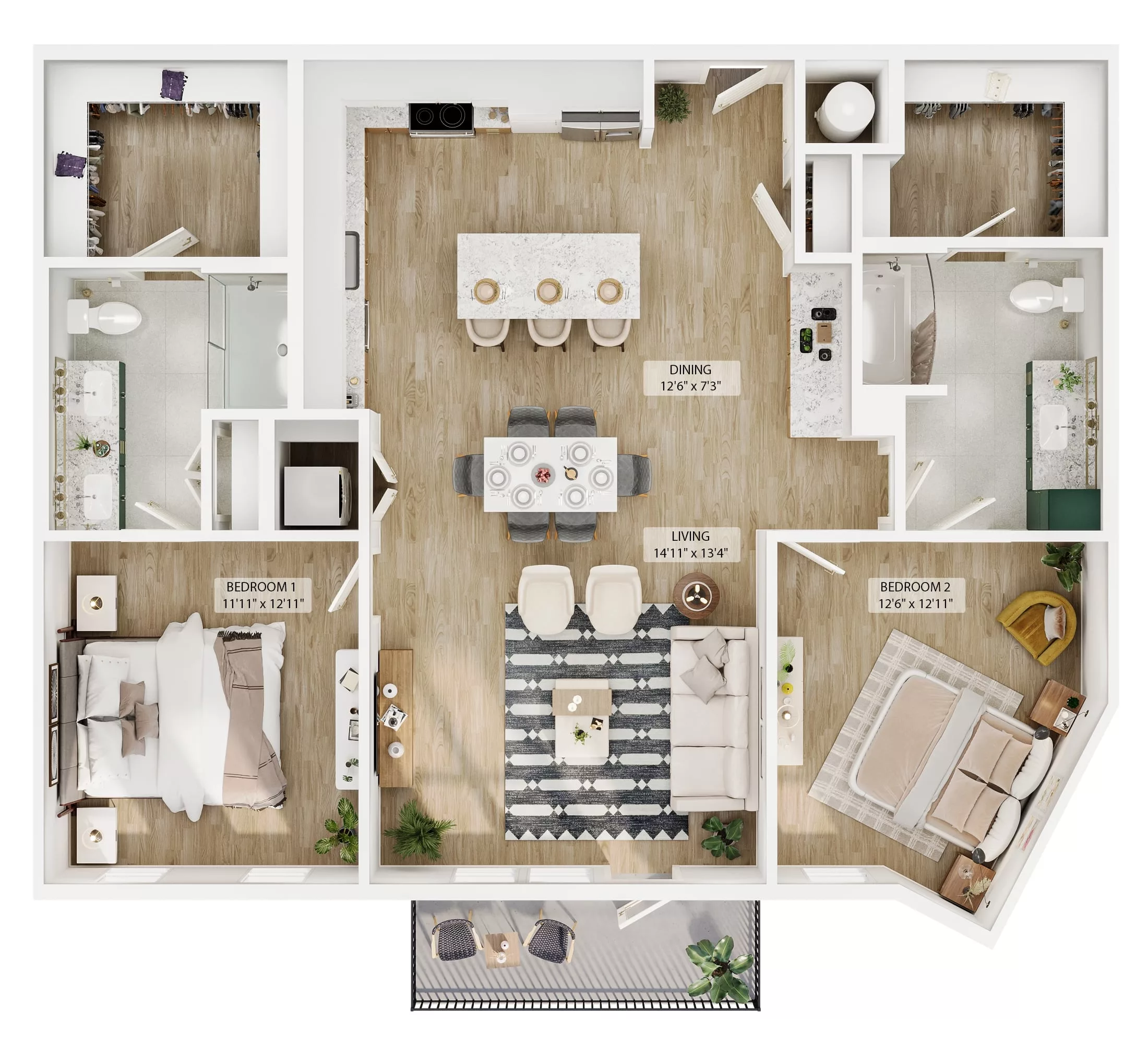 Furnished two-bedroom apartment floor plan with open kitchen and balcony.