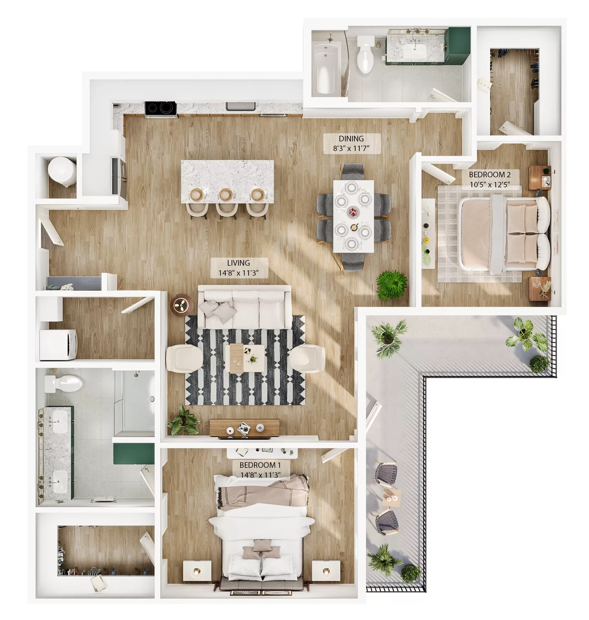 Modern two-bedroom apartment layout with L-shaped balcony and open living area.