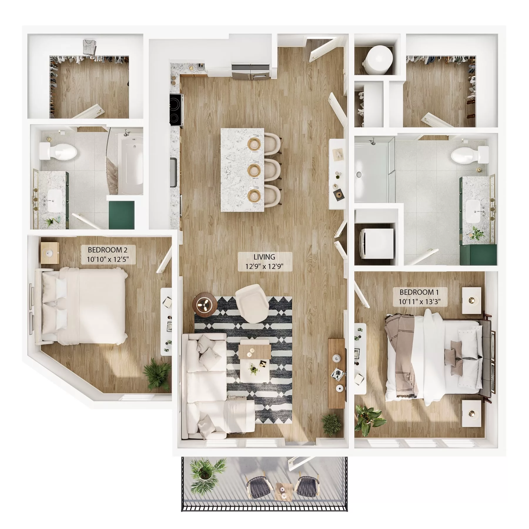 Two‑bedroom apartment floor plan with living area, kitchen island, and two bathrooms.