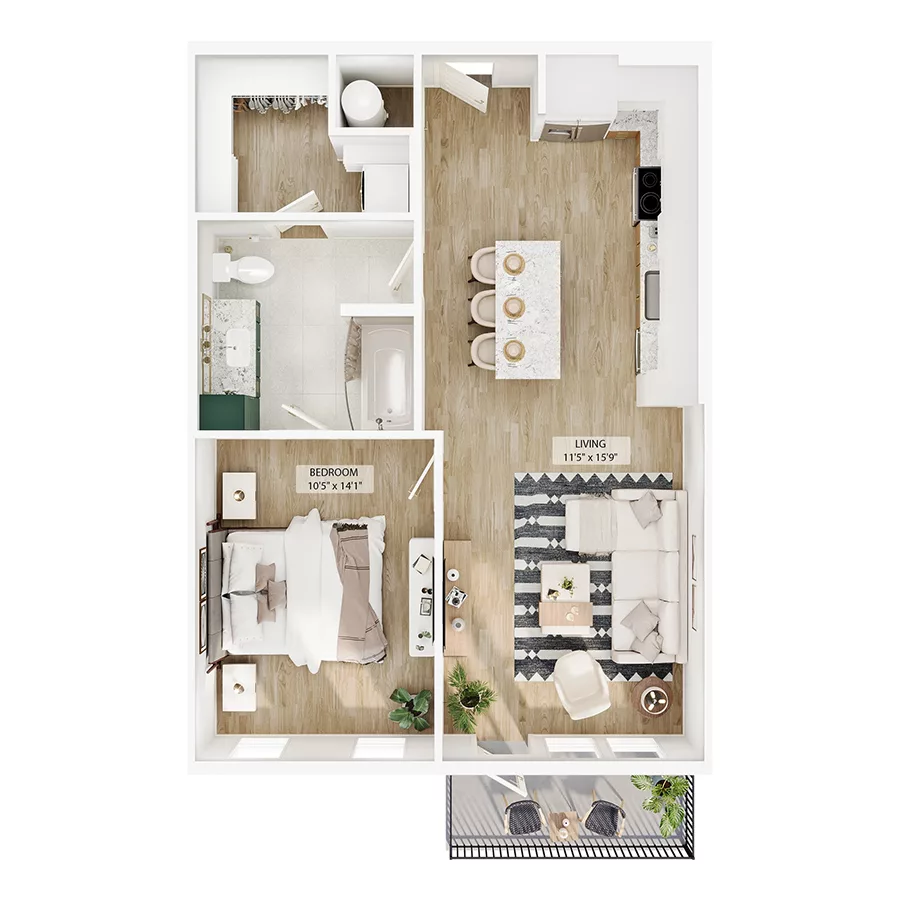 Rendering of the A2 floor plan with 1 bedroom[s] and 1 bathroom[s] at Peregrine Yardi