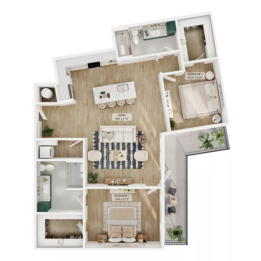 Rendering of the B7 floor plan with 2 bedroom[s] and 2 bathroom[s] at Peregrine Yardi