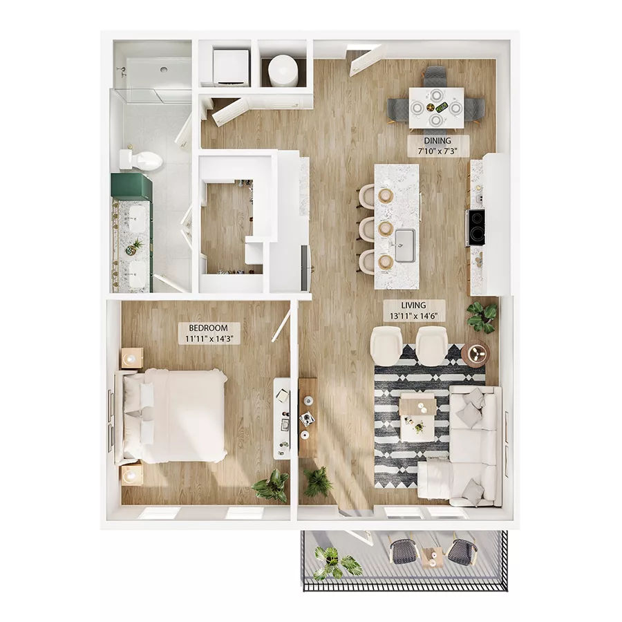 Rendering of the A8 floor plan with 1 bedroom[s] and 1 bathroom[s] at Peregrine Yardi