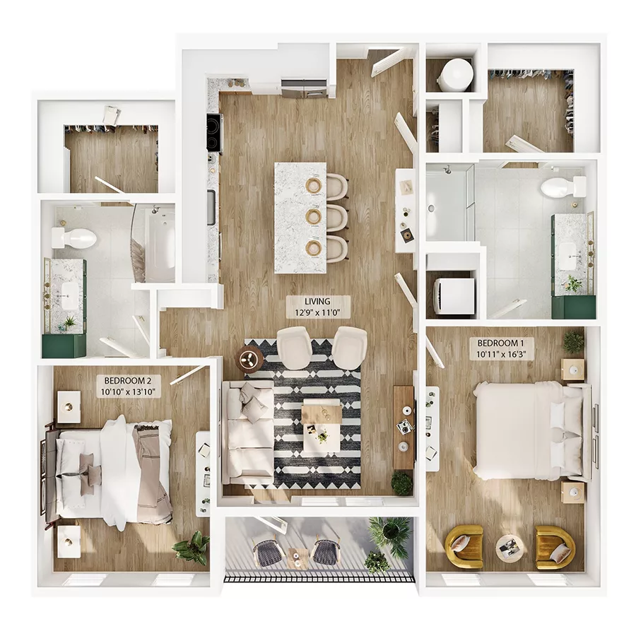 Rendering of the B4 floor plan with 2 bedroom[s] and 2 bathroom[s] at Peregrine Yardi