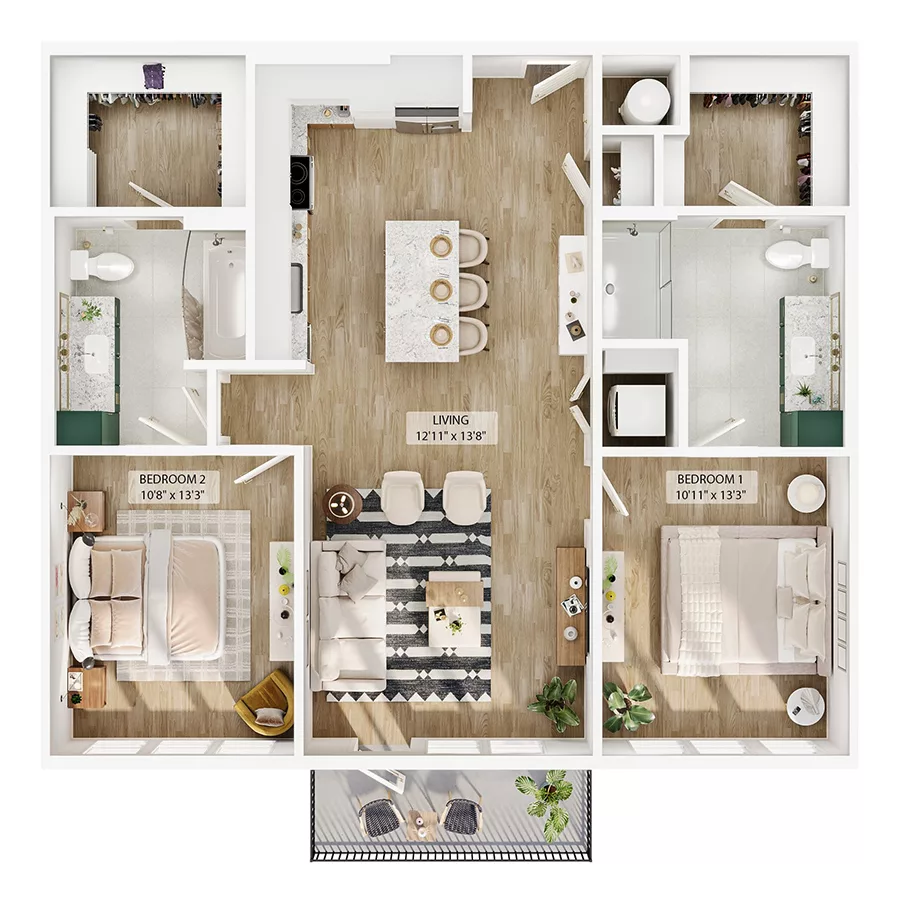 Rendering of the B3 floor plan with 2 bedroom[s] and 2 bathroom[s] at Peregrine Yardi