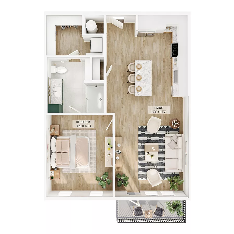 Rendering of the A4 floor plan with 1 bedroom[s] and 1 bathroom[s] at Peregrine Yardi