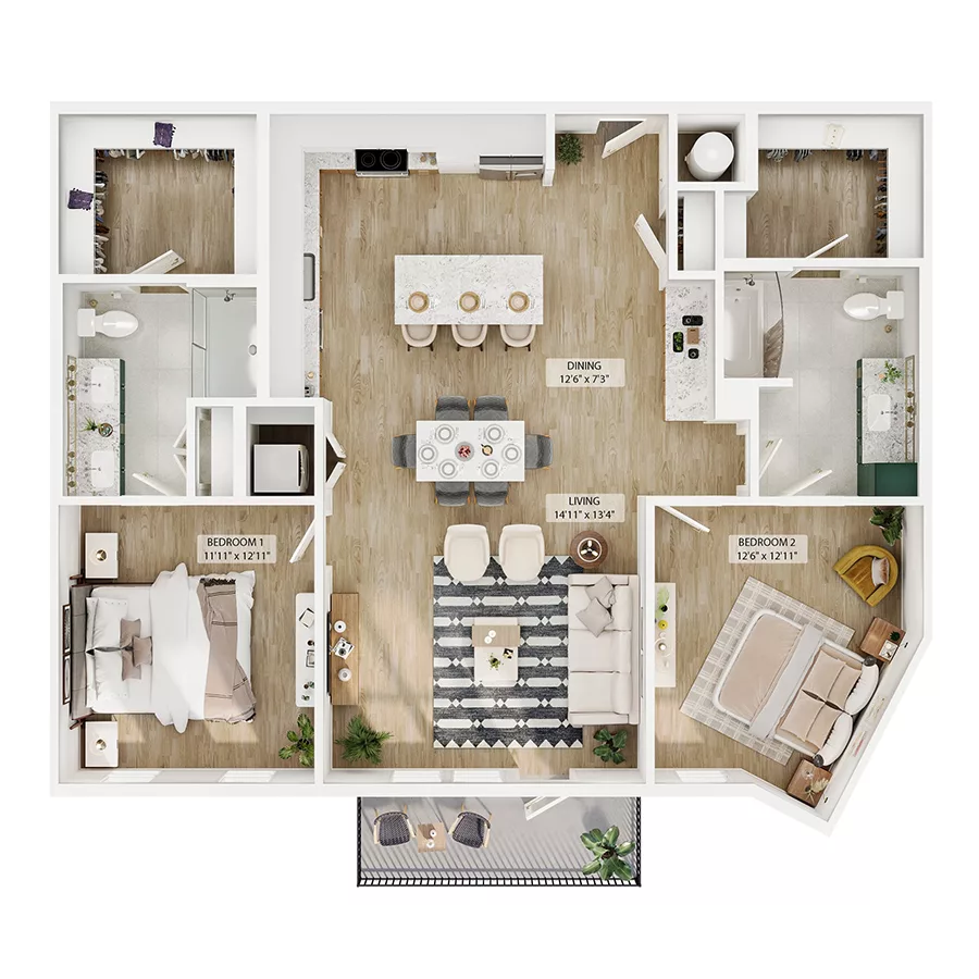 Rendering of the B11 floor plan with 2 bedroom[s] and 2 bathroom[s] at Peregrine Yardi