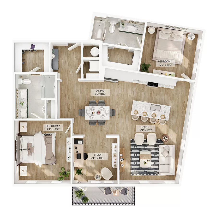 Rendering of the B16 floor plan with 2 bedroom[s] and 2 bathroom[s] at Peregrine Yardi