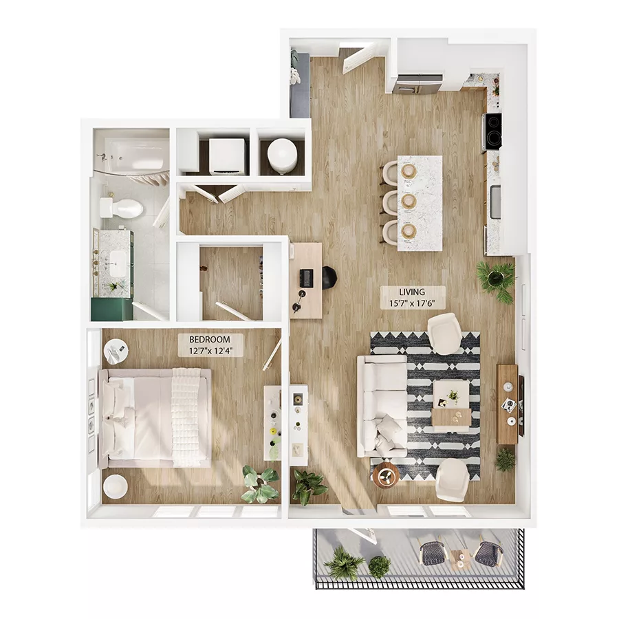 Rendering of the A9 floor plan with 1 bedroom[s] and 1 bathroom[s] at Peregrine Yardi