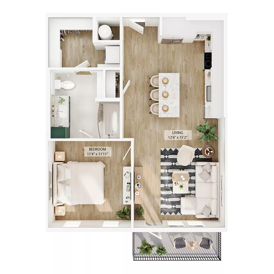 Rendering of the A3 floor plan with 1 bedroom[s] and 1 bathroom[s] at Peregrine Yardi