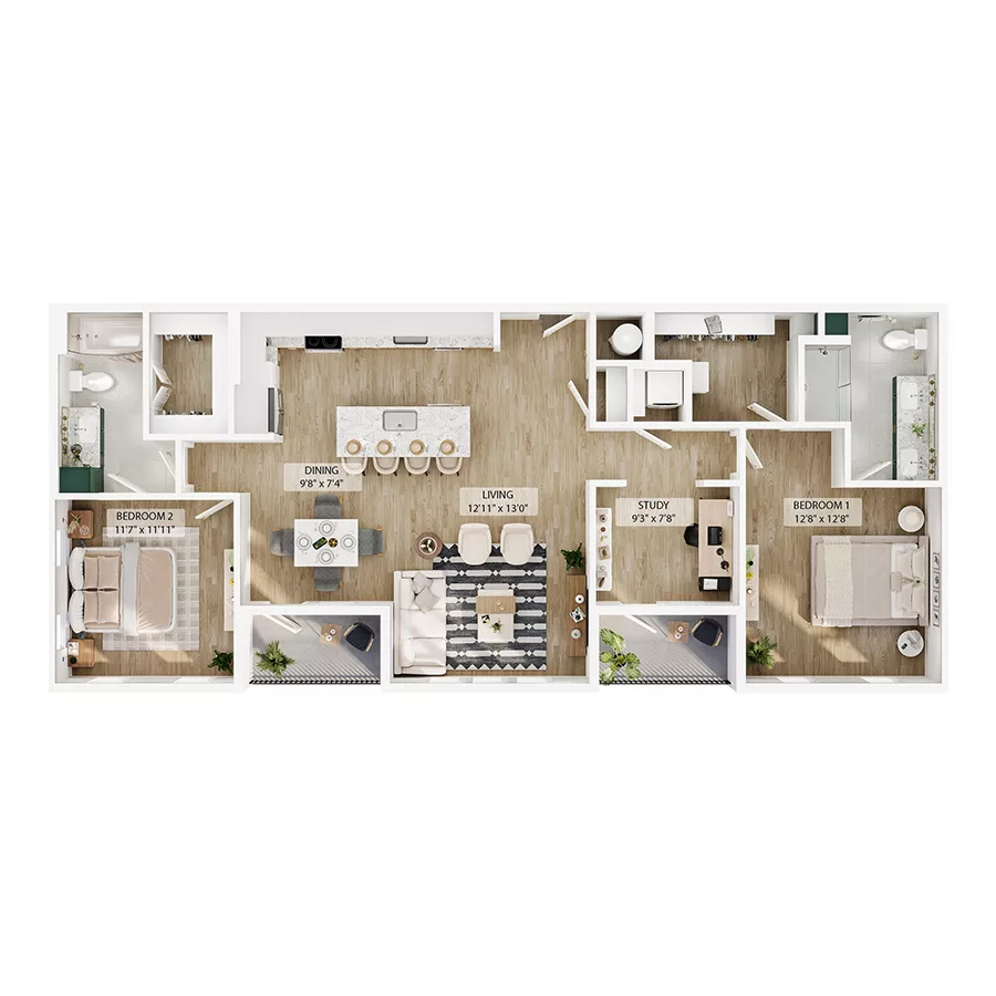 Rendering of the B15 floor plan with 2 bedroom[s] and 2 bathroom[s] at Peregrine Yardi