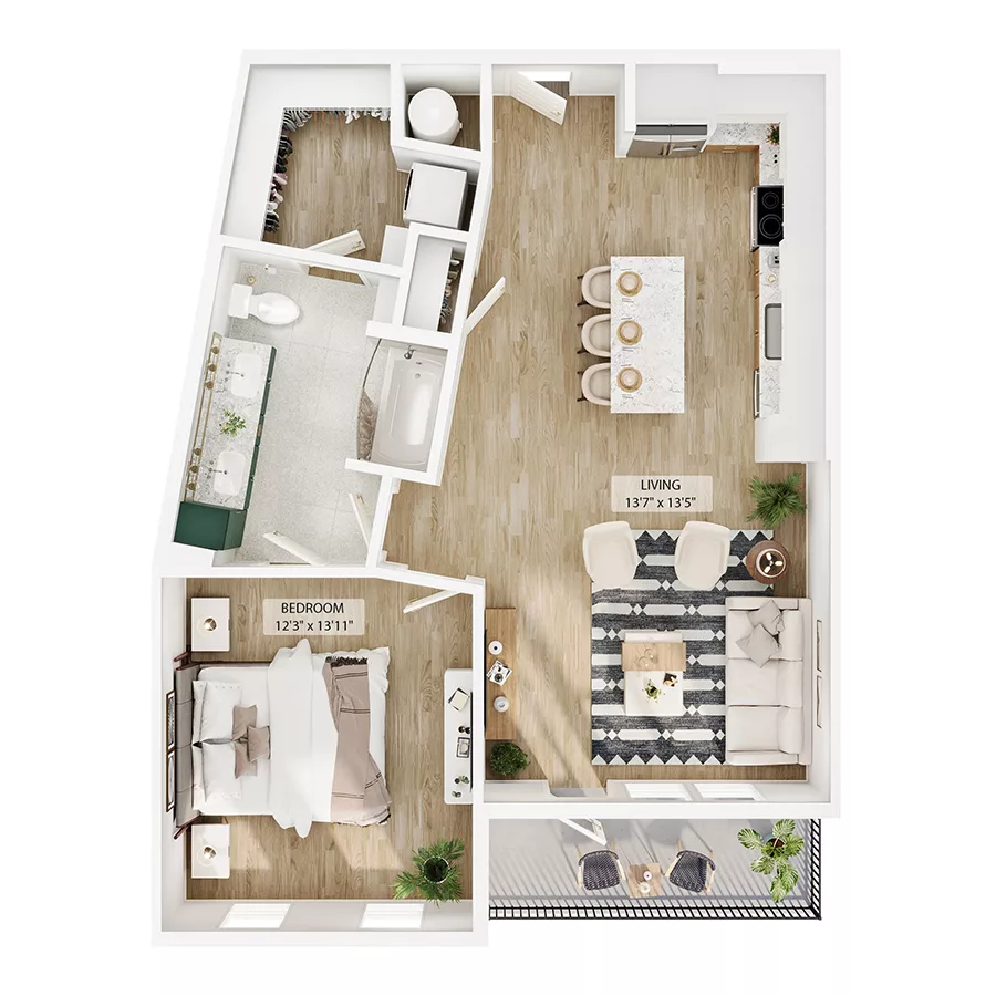 Rendering of the A7 floor plan with 1 bedroom[s] and 1 bathroom[s] at Peregrine Yardi