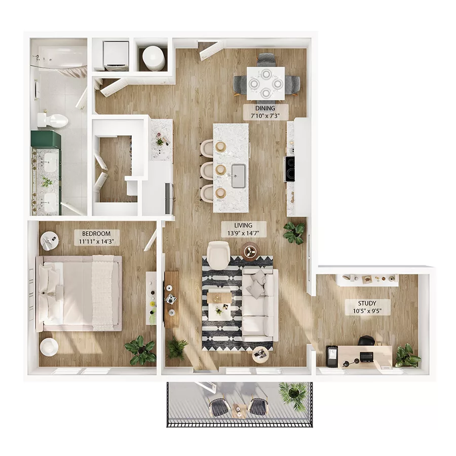 Rendering of the A17 floor plan with 1 bedroom[s] and 1 bathroom[s] at Peregrine Yardi